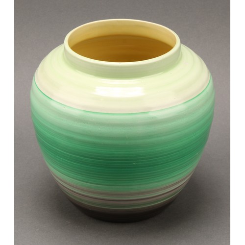 3149 - A Shelley Harmony Art Ware ribbed ovoid ginger jar and cover, painted with bands in tones of green, ... 