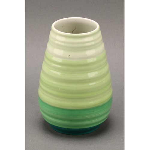 3149 - A Shelley Harmony Art Ware ribbed ovoid ginger jar and cover, painted with bands in tones of green, ... 