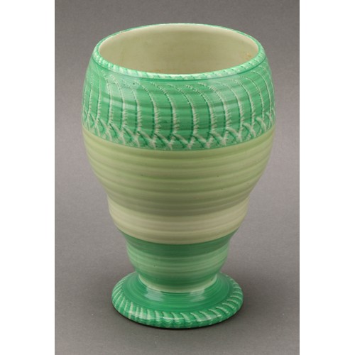 3149 - A Shelley Harmony Art Ware ribbed ovoid ginger jar and cover, painted with bands in tones of green, ... 