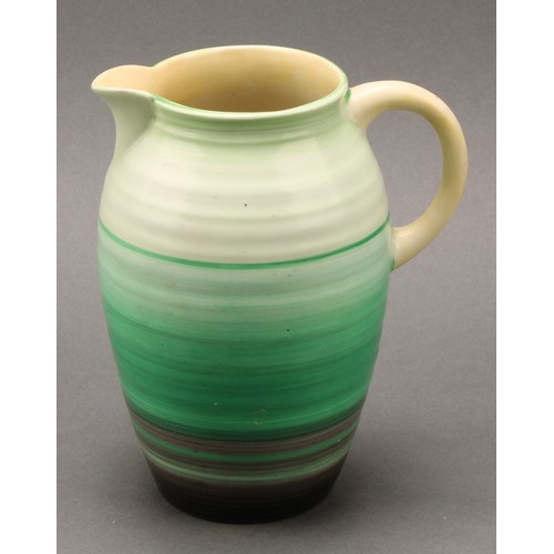 3149 - A Shelley Harmony Art Ware ribbed ovoid ginger jar and cover, painted with bands in tones of green, ... 