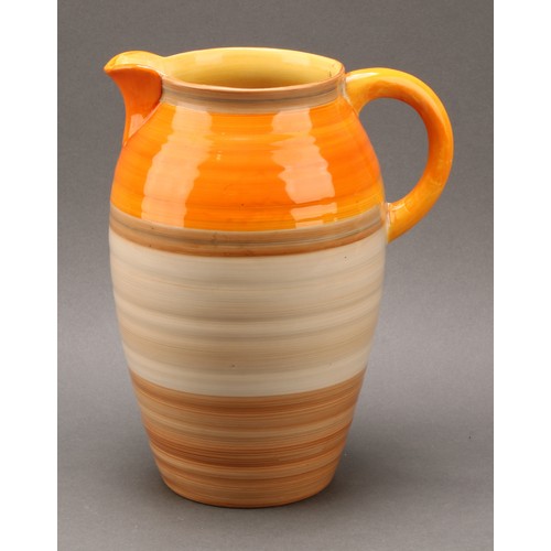 3131 - A large Shelley Harmony Art Ware ribbed ovoid jug, painted with bands in tones of orange and brown, ... 