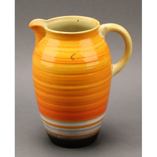 3131 - A large Shelley Harmony Art Ware ribbed ovoid jug, painted with bands in tones of orange and brown, ... 