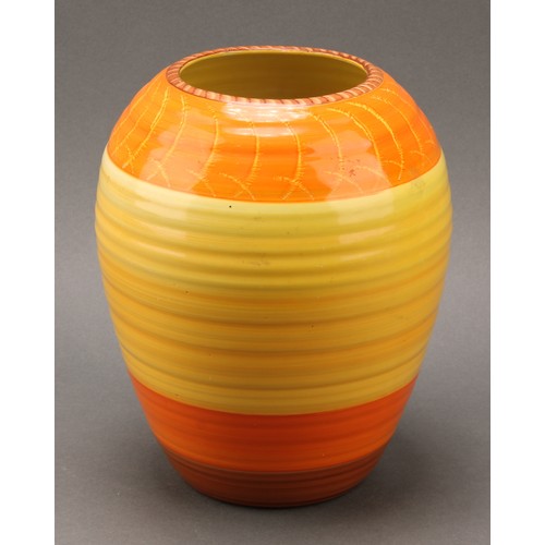 3131 - A large Shelley Harmony Art Ware ribbed ovoid jug, painted with bands in tones of orange and brown, ... 