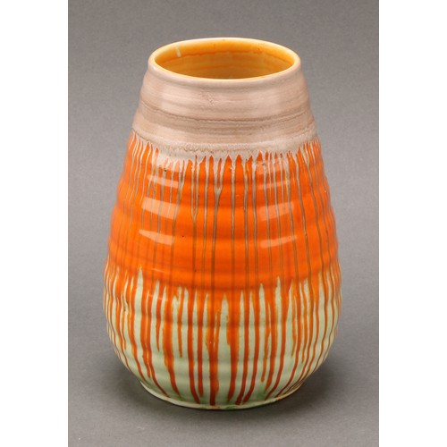 3131 - A large Shelley Harmony Art Ware ribbed ovoid jug, painted with bands in tones of orange and brown, ... 