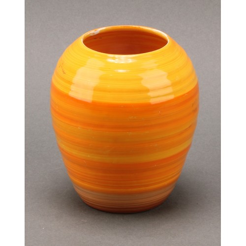 3131 - A large Shelley Harmony Art Ware ribbed ovoid jug, painted with bands in tones of orange and brown, ... 