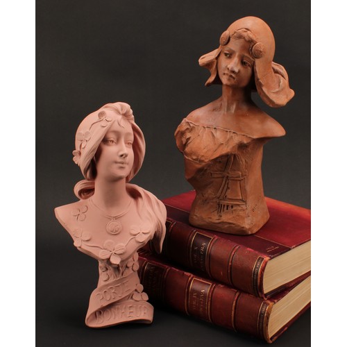 3021 - A French Art Nouveau bust, Dutch Girl, signed in the maquette, Art Decoratif, Depose No. 204, 34cm; ... 