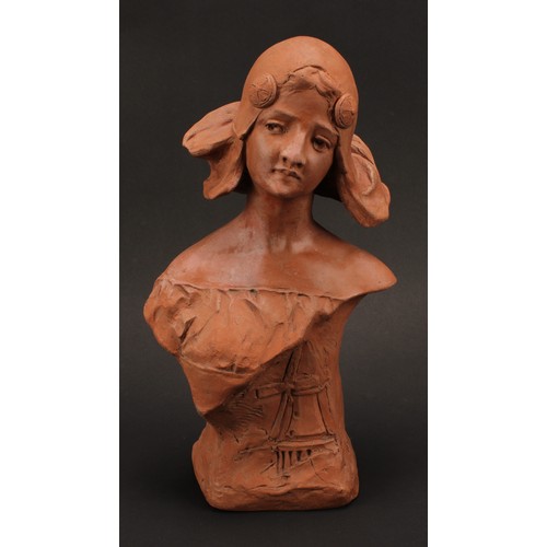 3021 - A French Art Nouveau bust, Dutch Girl, signed in the maquette, Art Decoratif, Depose No. 204, 34cm; ... 