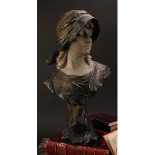 3024 - A French Art Nouveau plaster bust, beauty in a headscarf, after C Hochock, signed in the maquette, n... 