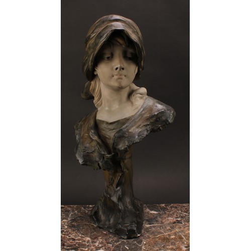 3024 - A French Art Nouveau plaster bust, beauty in a headscarf, after C Hochock, signed in the maquette, n... 