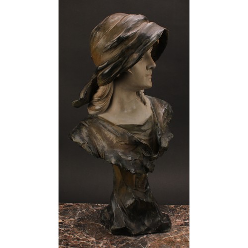 3024 - A French Art Nouveau plaster bust, beauty in a headscarf, after C Hochock, signed in the maquette, n... 