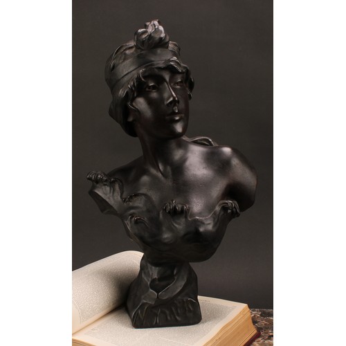 3023 - A French Art Nouveau moulded plaster bust, Nymph, after Villanis, dark patinated bronze effect glaze... 