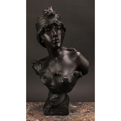 3023 - A French Art Nouveau moulded plaster bust, Nymph, after Villanis, dark patinated bronze effect glaze... 