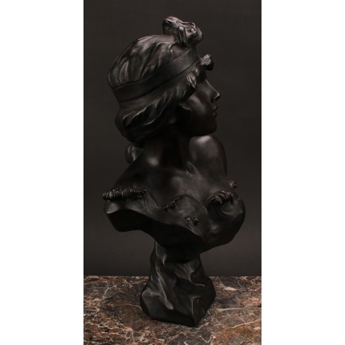 3023 - A French Art Nouveau moulded plaster bust, Nymph, after Villanis, dark patinated bronze effect glaze... 