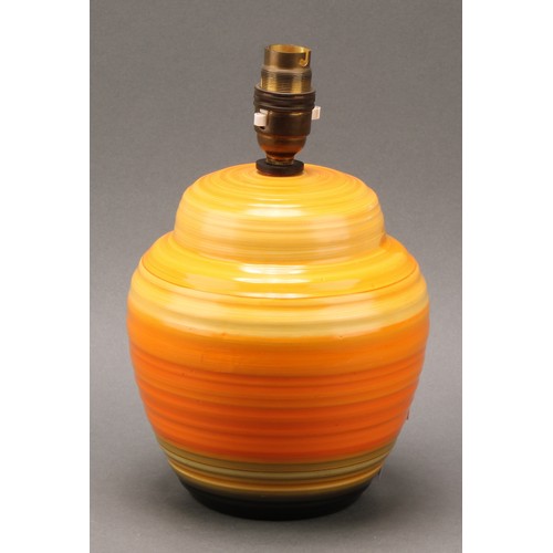 3150 - A Shelley Harmony Art Ware ribbed ovoid table lamp, painted with bands in tones of orange and black,... 