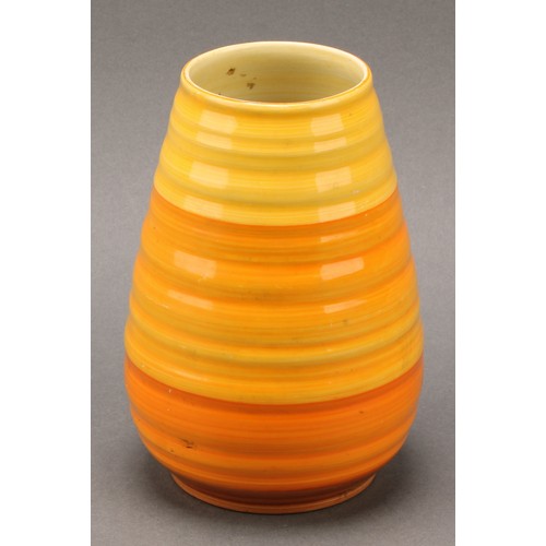 3150 - A Shelley Harmony Art Ware ribbed ovoid table lamp, painted with bands in tones of orange and black,... 