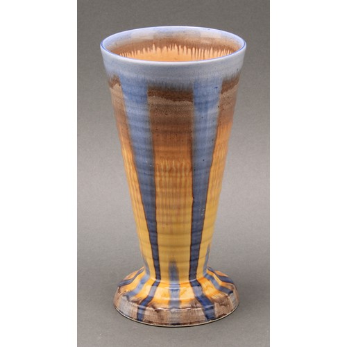 3134 - A pair of Shelley Harmony Art Ware ribbed conical vases, drip glazed in tones of blue, ochre and bro... 