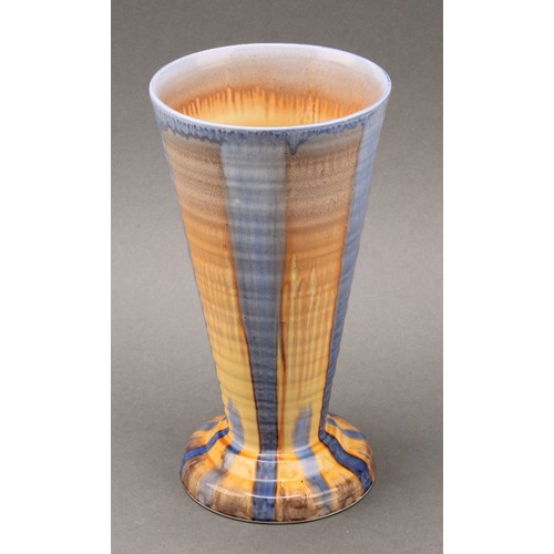 3134 - A pair of Shelley Harmony Art Ware ribbed conical vases, drip glazed in tones of blue, ochre and bro... 