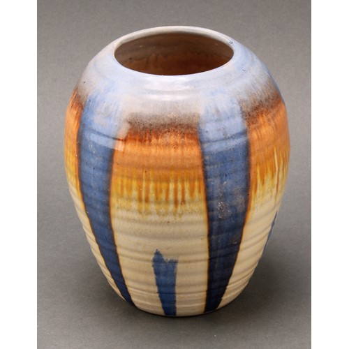 3134 - A pair of Shelley Harmony Art Ware ribbed conical vases, drip glazed in tones of blue, ochre and bro... 