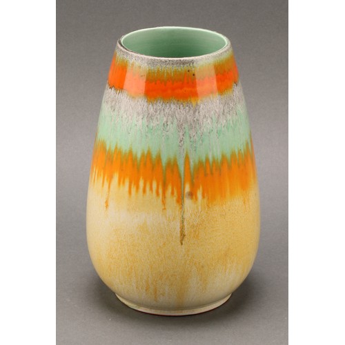 3146 - A Shelley Harmony Art Ware ovoid vase, drip glazed in tones of orange and green, 18cm high, shape nu... 