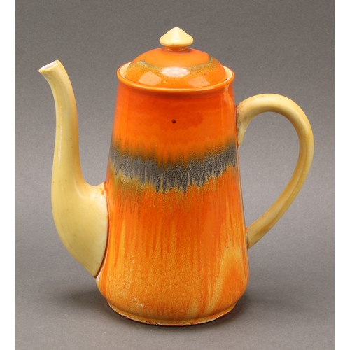 3142 - A Shelley Harmony Art Ware coffee pot, drip glazed in tones of orange and black, 22cm high, printed ... 