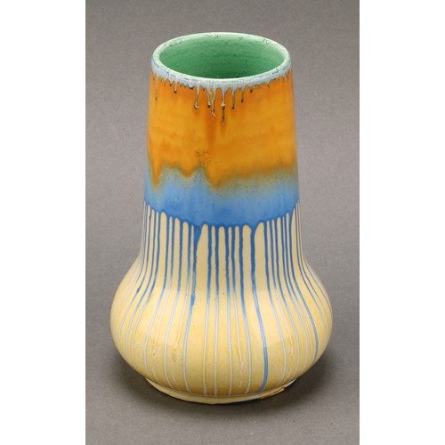 3144 - A Shelley Harmony Art Ware jug, drip glazed in tones of blue, yellow and green, the handle terminati... 