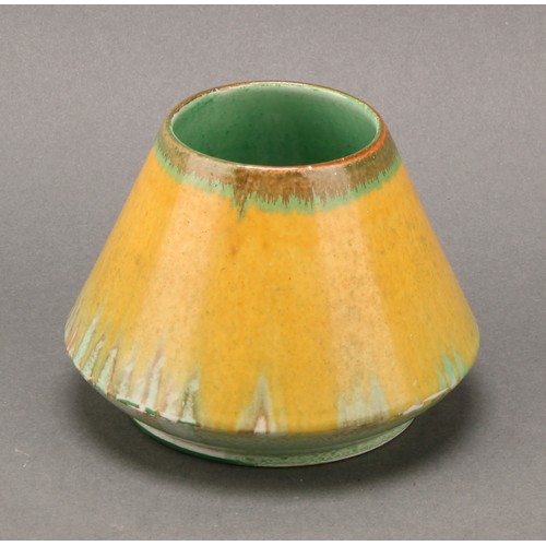 3144 - A Shelley Harmony Art Ware jug, drip glazed in tones of blue, yellow and green, the handle terminati... 