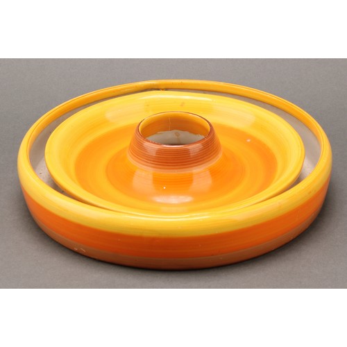 3152 - A Shelley Harmony Art Ware two-tier cake stand, painted with bands in tones of orange and brown, 27c... 