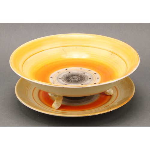 3152 - A Shelley Harmony Art Ware two-tier cake stand, painted with bands in tones of orange and brown, 27c... 