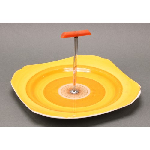 3152 - A Shelley Harmony Art Ware two-tier cake stand, painted with bands in tones of orange and brown, 27c... 