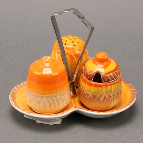 3152 - A Shelley Harmony Art Ware two-tier cake stand, painted with bands in tones of orange and brown, 27c... 