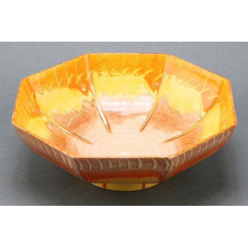 3145 - A Shelley Harmony Art Ware octagonal bowl, drip glazed in tones of orange, yellow and brown, 17.5cm ... 