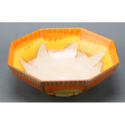 3145 - A Shelley Harmony Art Ware octagonal bowl, drip glazed in tones of orange, yellow and brown, 17.5cm ... 