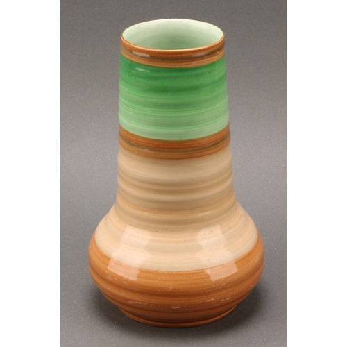 3147 - A Shelley Harmony Art Ware ribbed conical vase, painted with bands in tones of green and brown, 20cm... 