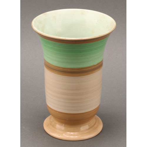 3147 - A Shelley Harmony Art Ware ribbed conical vase, painted with bands in tones of green and brown, 20cm... 