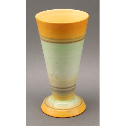 3143 - A Shelley Harmony Art Ware conical vase, painted with bands in tones of green, yellow and black, 25c... 