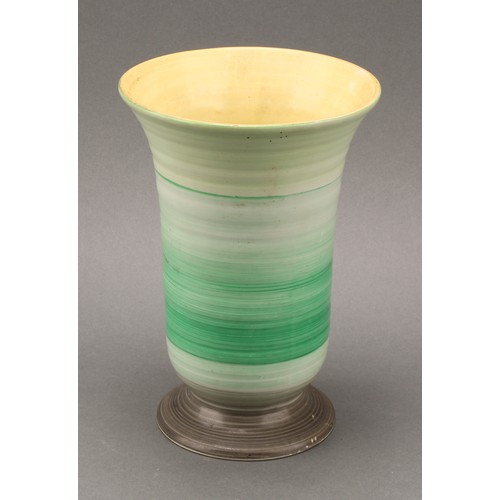 3143 - A Shelley Harmony Art Ware conical vase, painted with bands in tones of green, yellow and black, 25c... 