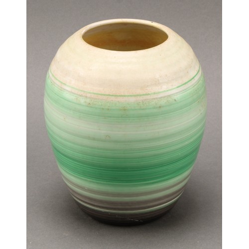 3143 - A Shelley Harmony Art Ware conical vase, painted with bands in tones of green, yellow and black, 25c... 