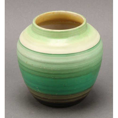 3143 - A Shelley Harmony Art Ware conical vase, painted with bands in tones of green, yellow and black, 25c... 