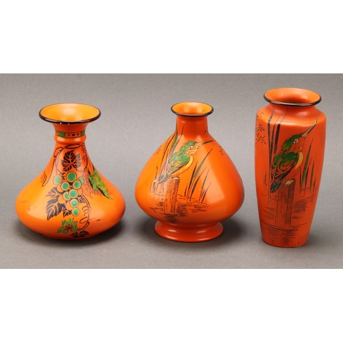 3133 - A pair of Shelley Chinoiserie vases, each in the decorated with cranes on a vermillion ground, 17cm ... 