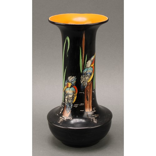 3154 - A Shelley Kingfisher pattern baluster vase, decorated in polychrome on a black ground, orange interi... 