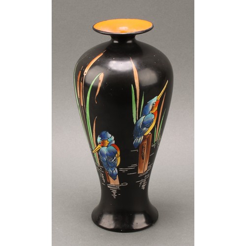 3154 - A Shelley Kingfisher pattern baluster vase, decorated in polychrome on a black ground, orange interi... 