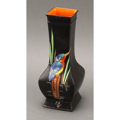 3154 - A Shelley Kingfisher pattern baluster vase, decorated in polychrome on a black ground, orange interi... 