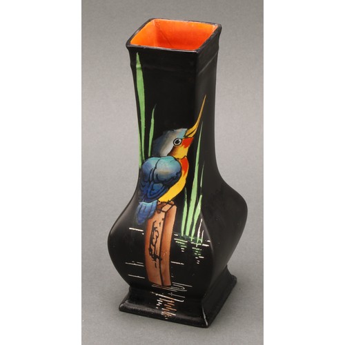 3154 - A Shelley Kingfisher pattern baluster vase, decorated in polychrome on a black ground, orange interi... 