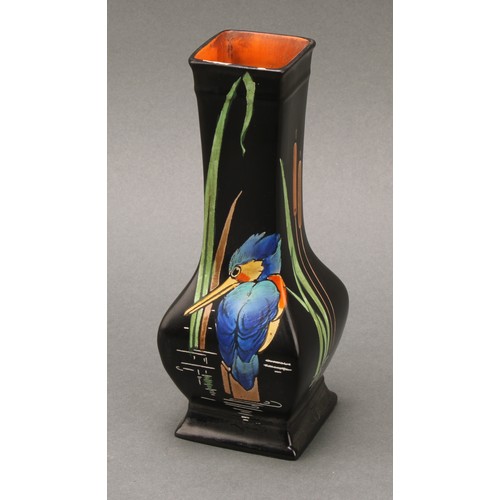 3154 - A Shelley Kingfisher pattern baluster vase, decorated in polychrome on a black ground, orange interi... 