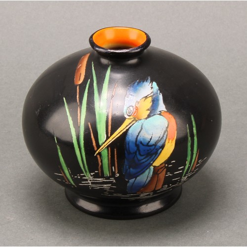 3154 - A Shelley Kingfisher pattern baluster vase, decorated in polychrome on a black ground, orange interi... 