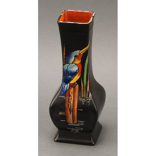 3154 - A Shelley Kingfisher pattern baluster vase, decorated in polychrome on a black ground, orange interi... 