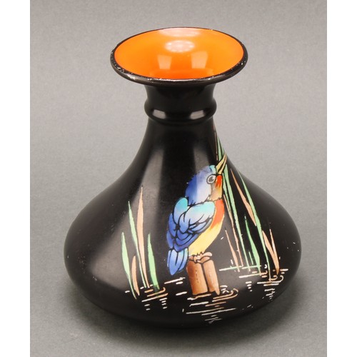 3154 - A Shelley Kingfisher pattern baluster vase, decorated in polychrome on a black ground, orange interi... 