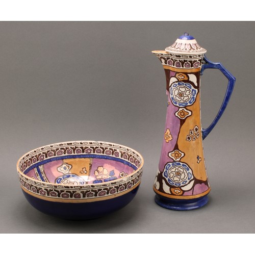 3136 - A pair of Shelley, Late Foley, Intarsio pattern ewers, decorated in polychrome with sinuous scrolls ... 