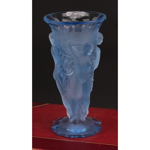 3216 - A Desna, Czech Republic, Art Deco style pale blue frosted glass pedestal vase, relief moulded with f... 