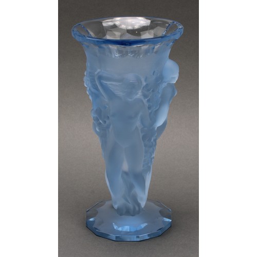 3216 - A Desna, Czech Republic, Art Deco style pale blue frosted glass pedestal vase, relief moulded with f... 